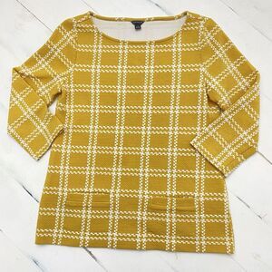Ann Taylor Mustard Plaid Top 3/4 Sleeves Front Pockets Round Neck Women's Med